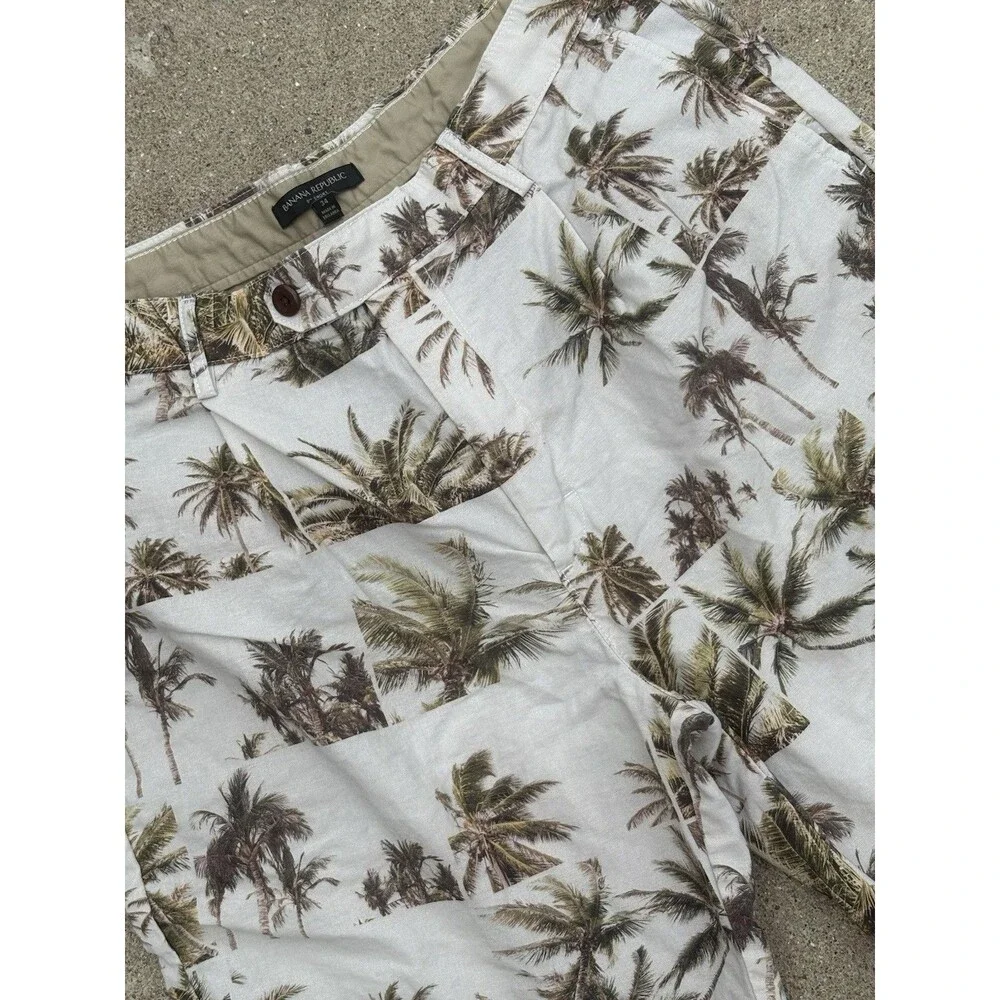 Banana Republic Shorts Aiden Linen Blend Mens 34 Palm Tree Flat Front Beige